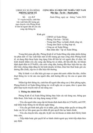 Phòng Kinh tế xã Xuân Đông cảnh báo việc xuất hiện đối tượng giả mạo chuyên viên Phòng Kinh tế xã liên hệ người dân để yêu cầu cung cấp thông tin. Người dân hết sức lưu ý!