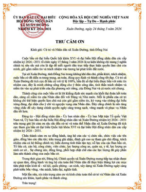 THƯ CẢM ƠN CỦA ỦY BAN BẦU CỬ ĐẠI BIỂU HỘI ĐỒNG NHÂN DÂN XÃ XUÂN ĐƯỜNG KHOÁ VII, NHIỆM KỲ 2026 - 2031