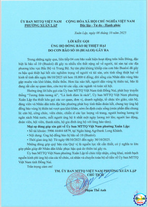 LỜI KÊU GỌI ỦNG HỘ ĐỒNG BÀO BỊ THIỆT HẠI DO CƠN BÃO SỐ 10