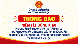 Xuân Lộc: Thông báo niêm yết công khai dự thảo Phương án bồi thường, hỗ trợ, tái định cư dự án đường dây điện 220kV đấu nối thuộc dự án Trạm biến áp 500kV Đồng Nai 2 và các đường dây đấu nối tại phường Xuân Lộc (đợt 1)