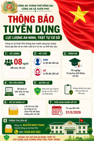 CÔNG AN XÃ XUÂN PHÚ THÔNG BÁO TUYỂN DỤNG LỰC LƯỢNG THAM GIA BẢO VỆ AN NINH, TRẬT TỰ Ở CƠ SỞ