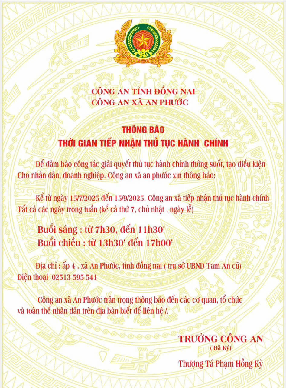 thông báo trụ sở làm việc của Công An Xã An Phước sau sáp nhập