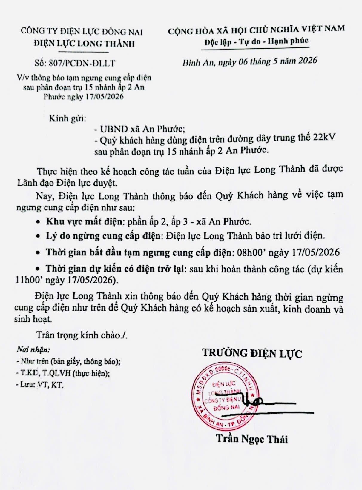 Thông báo - Về việc tạm ngừng cung cấp điện trên địa bàn ấp 2, xã An Phước.