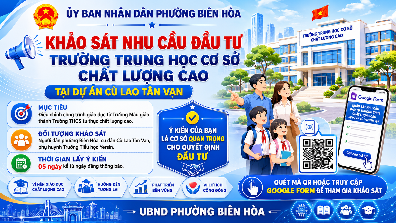 Thông báo khảo sát nhu cầu đầu tư Trường Trung học cơ sở chất lượng cao tại Dự án Khu dân cư, dịch vụ và du lịch Cù Lao Tân Vạn.