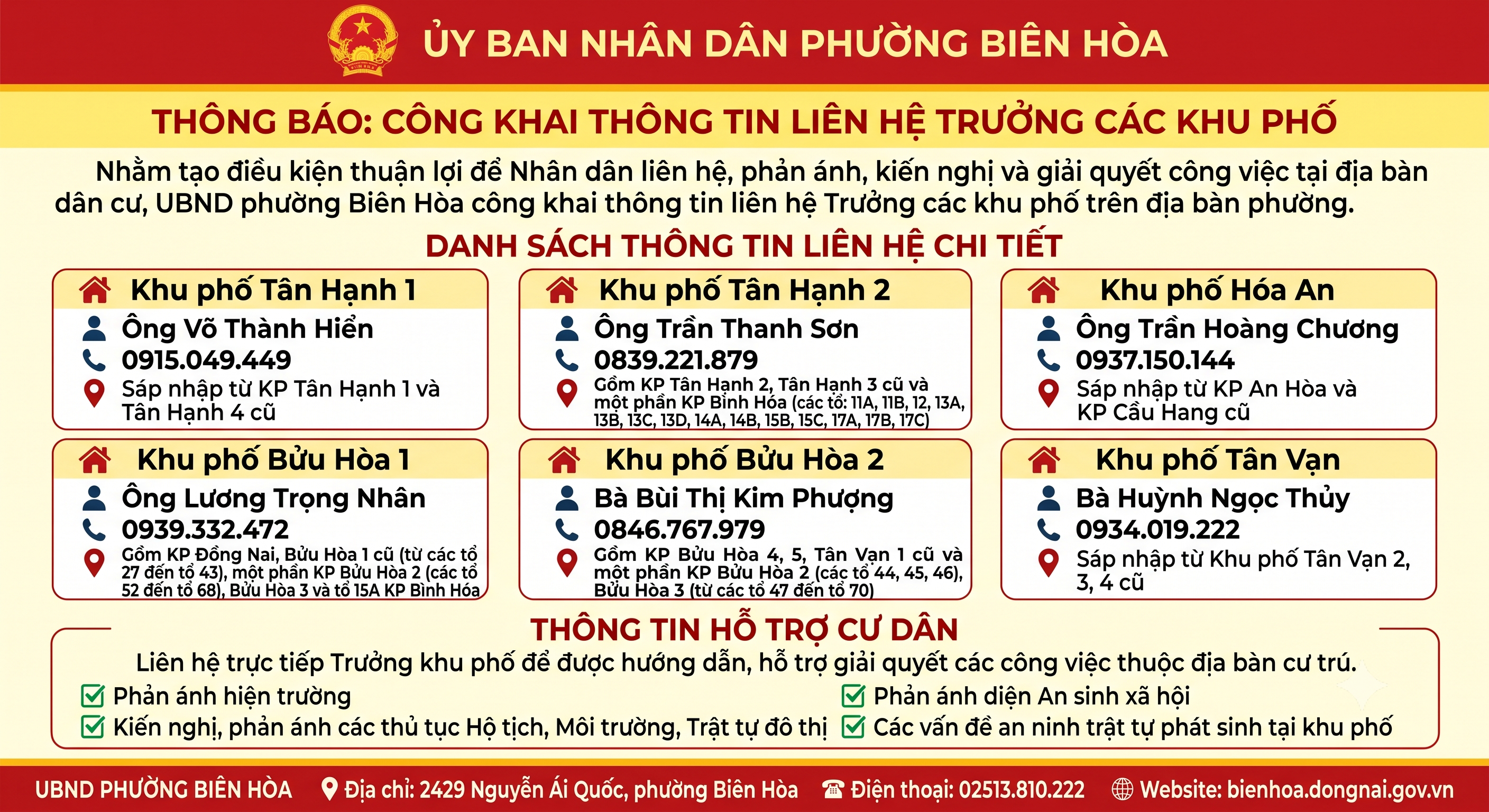 Thông báo thông tin liên lạc của Trưởng khu phố