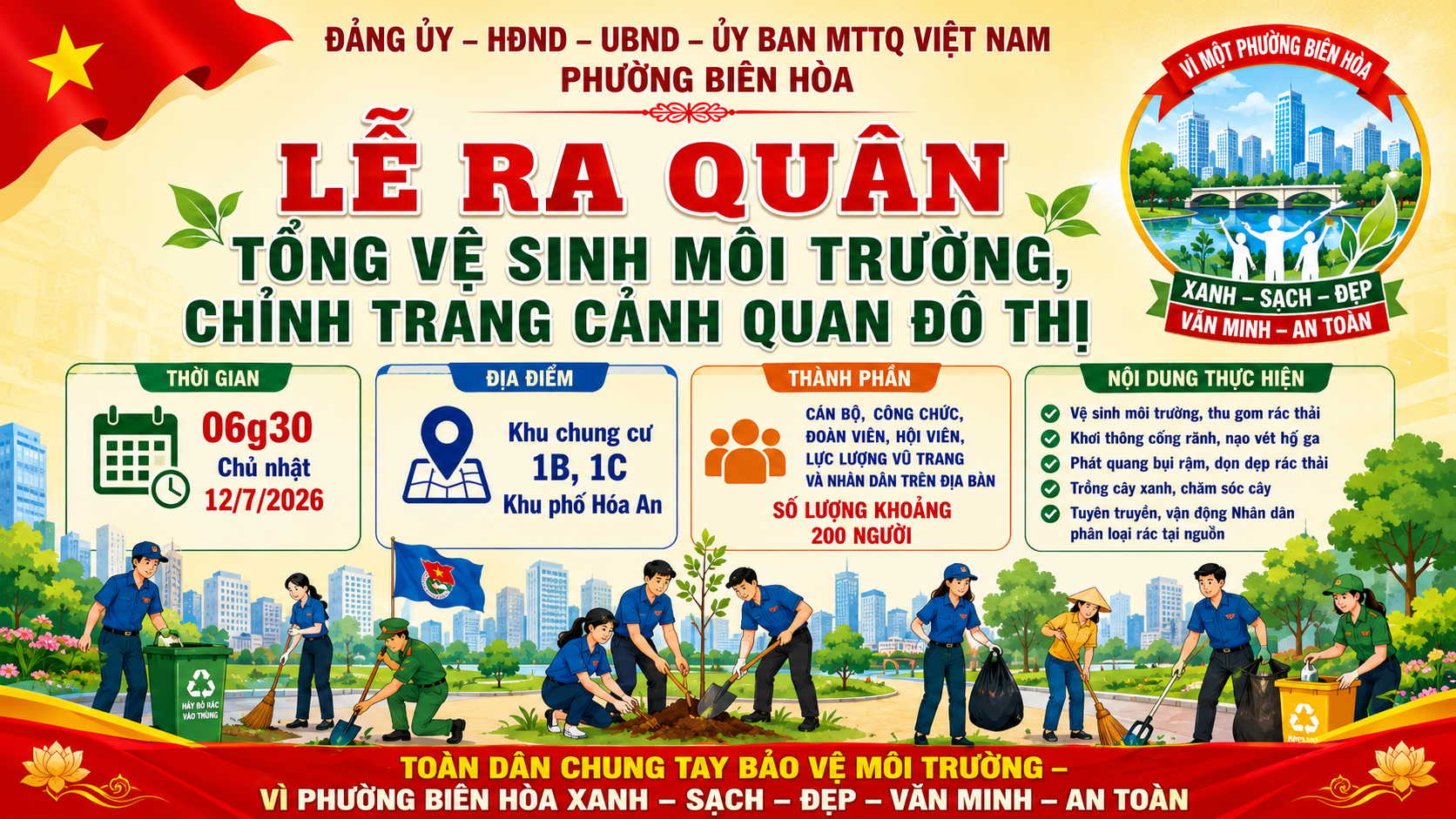 Thông báo về việc tổ chức Lễ ra quân tổng vệ sinh môi trường, chỉnh trang cảnh quan đô thị