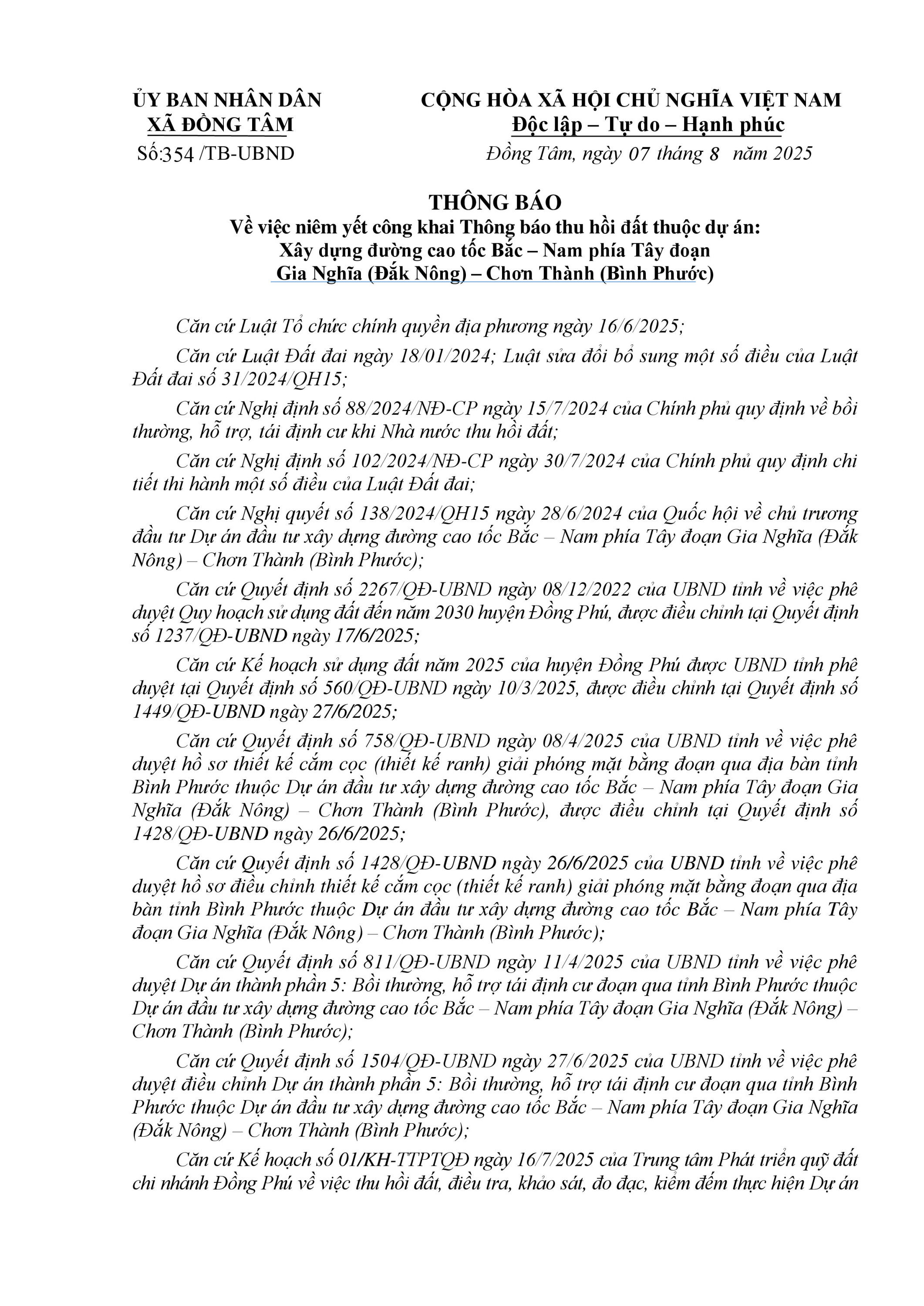 thông báo niên yết công khai thông báo thu hồi đất cao tốc (đợt 1) 0