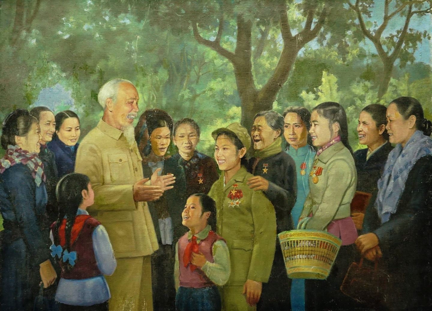 Tác phẩm "Bác Hồ với nữ chiến sĩ thi đua miền Bắc"- Tranh của họa sĩ Vương Trình, sáng tác năm 1967. Ảnh tư liệu