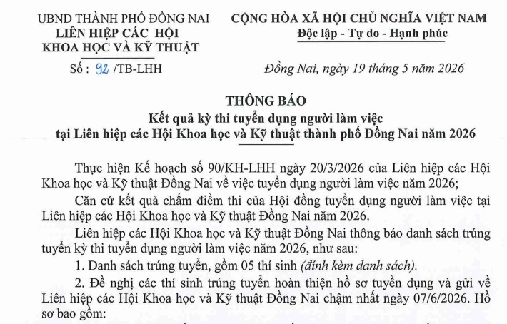 Thông báo kết quả kỳ thi tuyển dụng người làm việc tại Liên hiệp hội Đồng Nai năm 2026