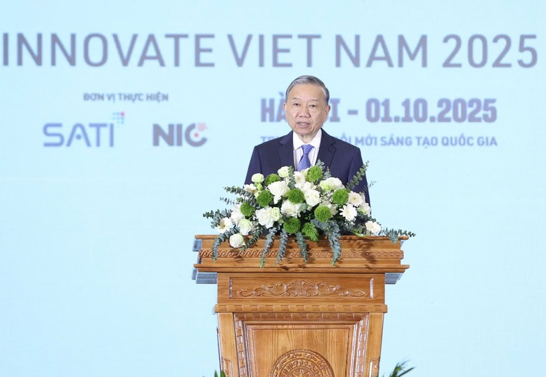 Tổng Bí thư Tô Lâm phát biểu chỉ đạo tại Lễ hưởng ứng Ngày hội Đổi mới sáng tạo quốc gia 2025 - Ảnh: VGP