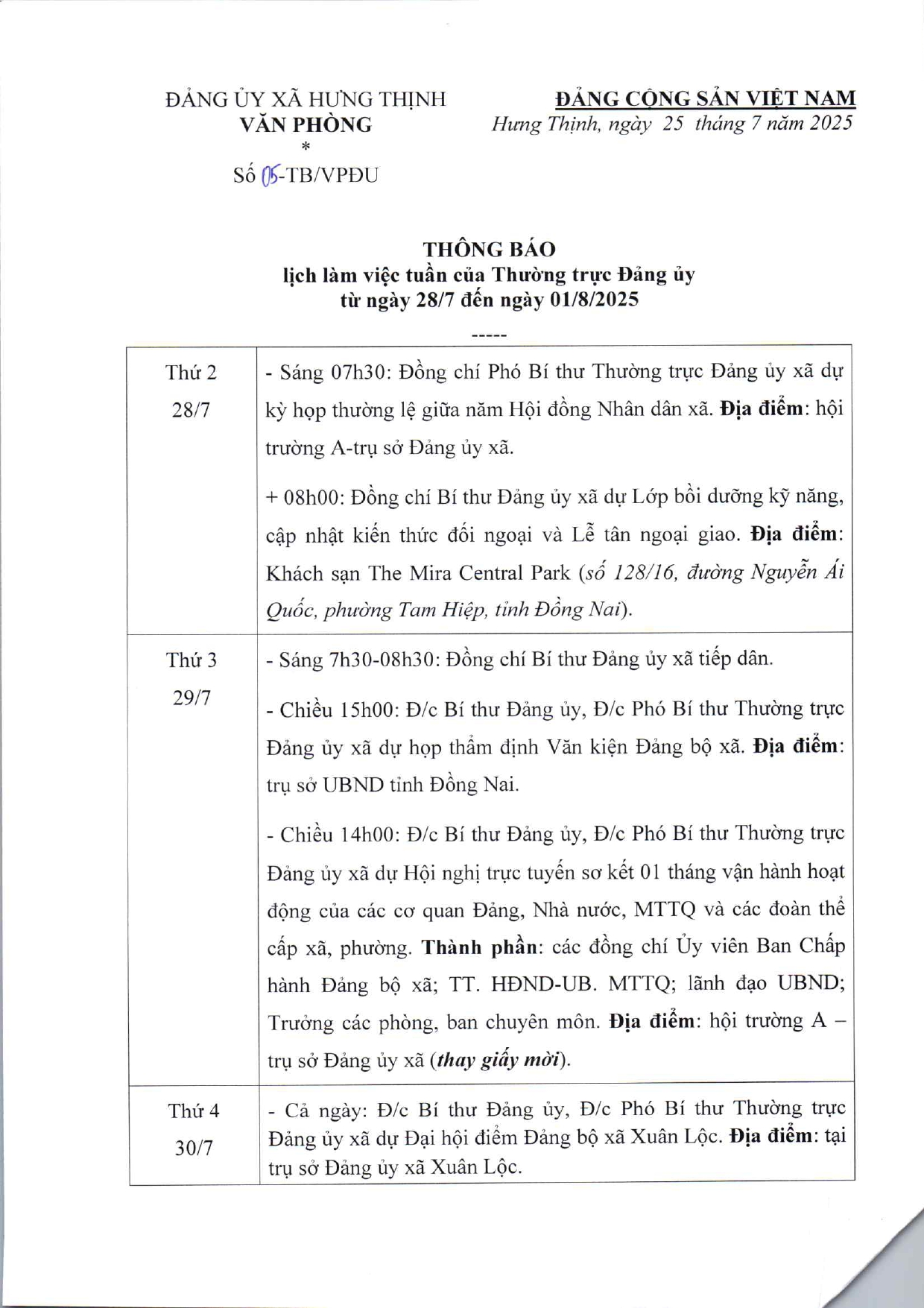 Thông báo lịch làm việc tuần của Thường trực Đảng ủy từ ngày 28 7 đến ngày 01 8 2025 page 0001