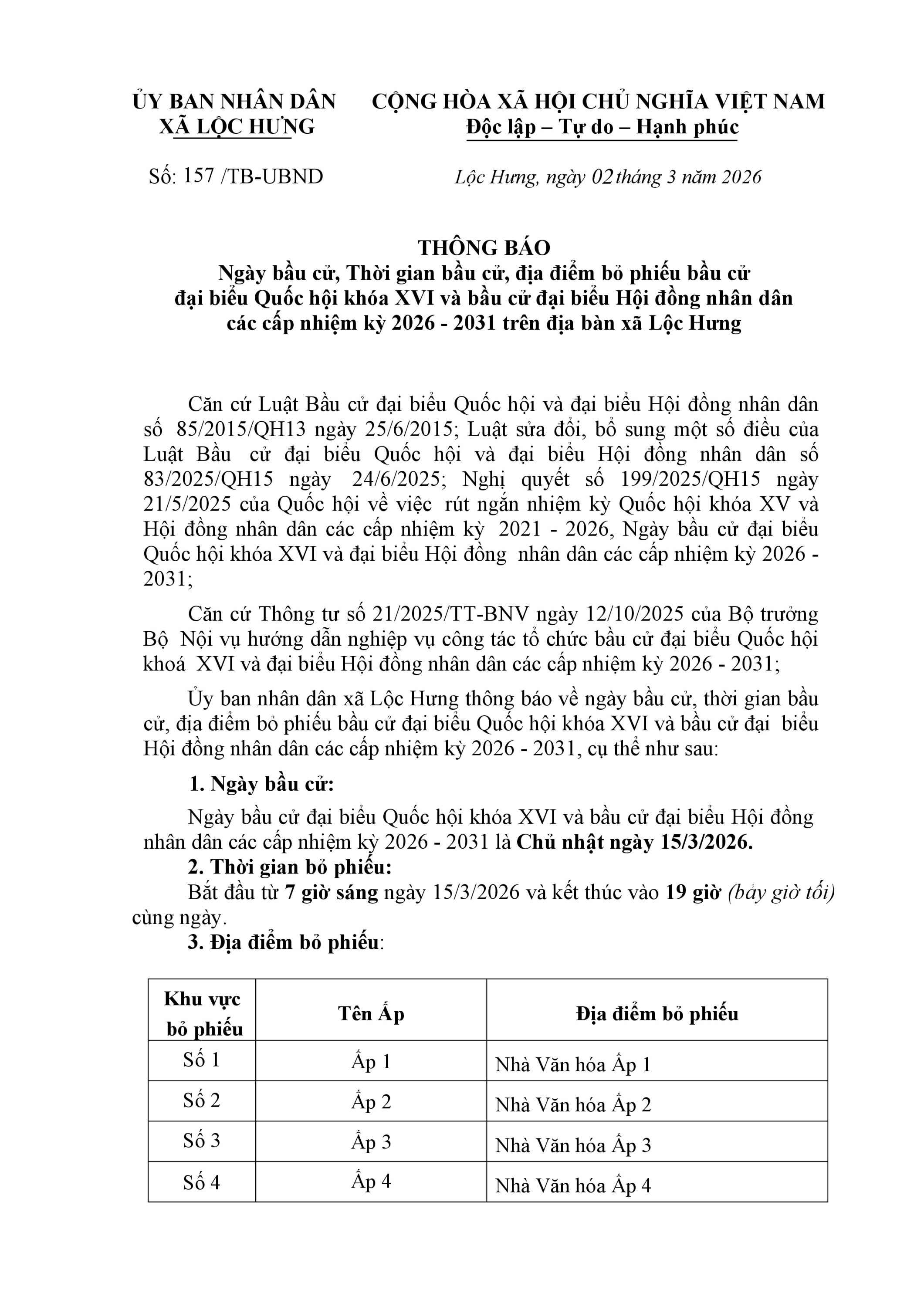 TB 157 về ngày bầu cử, thời gian bầu cử, địa điểm bỏ phiếu bầu cử đại biểu Quốc hội khóa XVI và bầu cử đại biểu Hội đồng nhân dân các cấp nhiệm kỳ 2026 2031 0