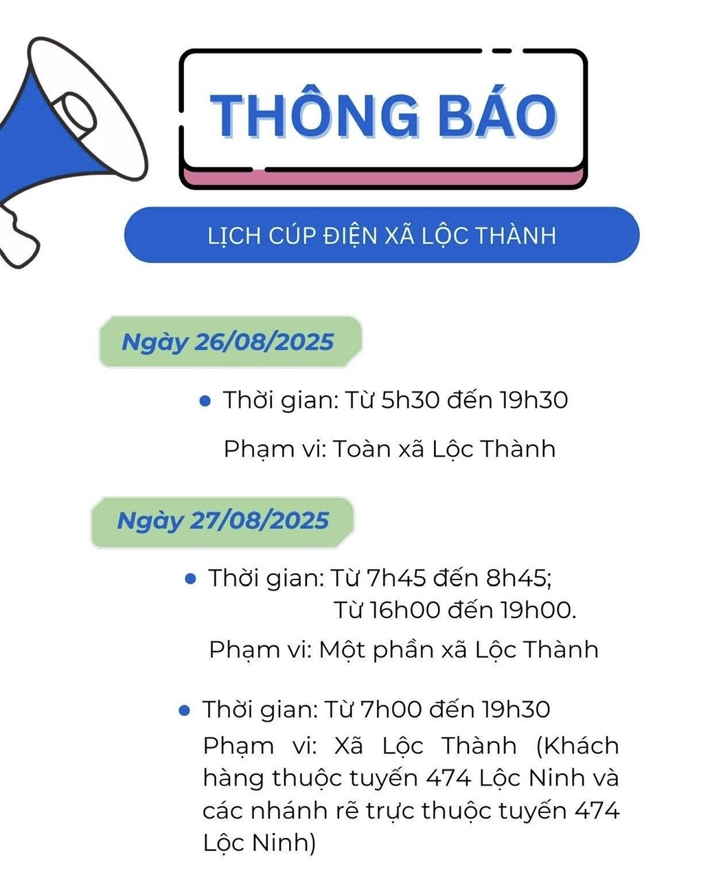 THÔNG BÁO LỊCH CÚP ĐIỆN NGÀY 26, 27 8