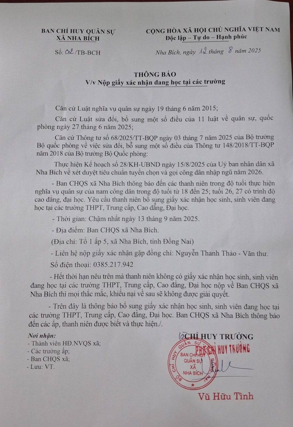 Thông báo về việc nộp giấy xác nhận đang học tại các trường.
