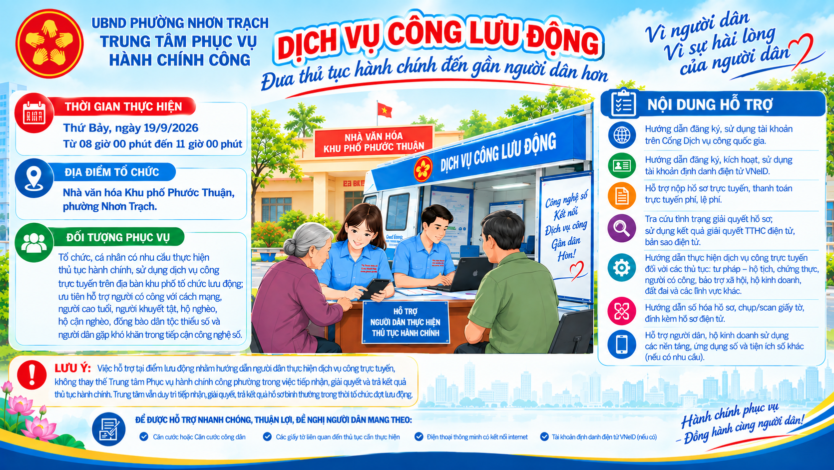 Thông báo lịch thực hiện Dịch vụ công lưu động sáng thứ bảy, ngày 12/9/2026