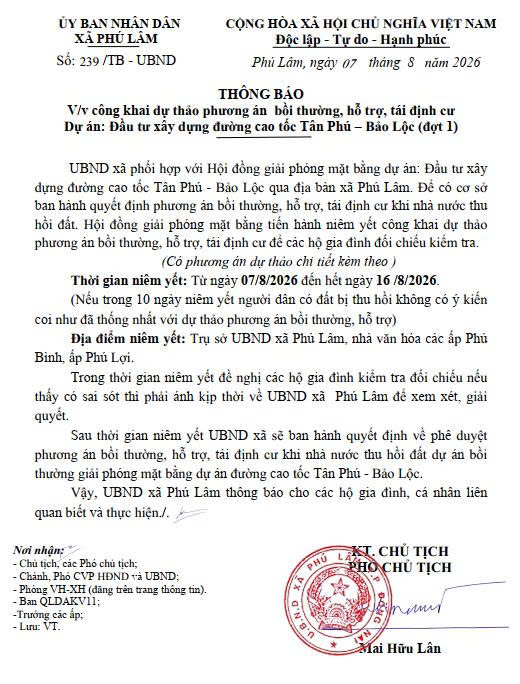 UBND xã Phú Lâm công khai dự thảo phương án bồi thường, hỗ trợ, tái định cư Dự án đường cao tốc Tân Phú – Bảo Lộc (đợt 1)