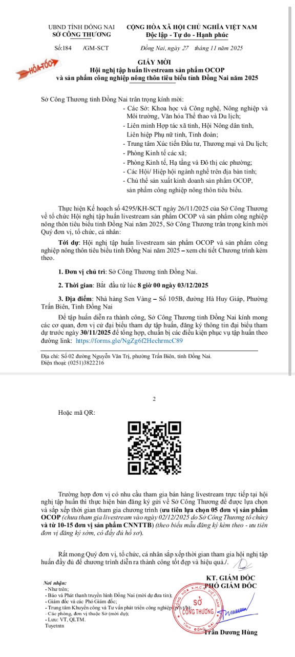 Hội nghị tập huấn livestream sản phẩm OCOP và sản phẩm công nghiệp nông thôn tiêu biểu tỉnh Đồng Nai năm 2025