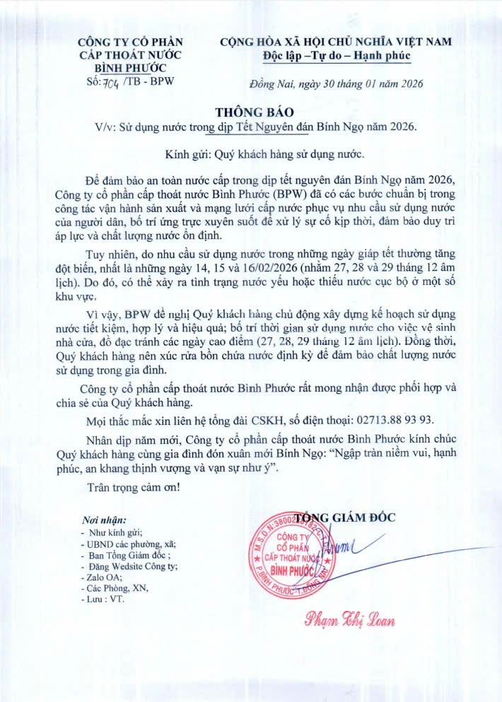 CÔNG TY CỔ PHẦN CẤP THOÁT NƯỚC BÌNH PHƯỚC THÔNG BÁO