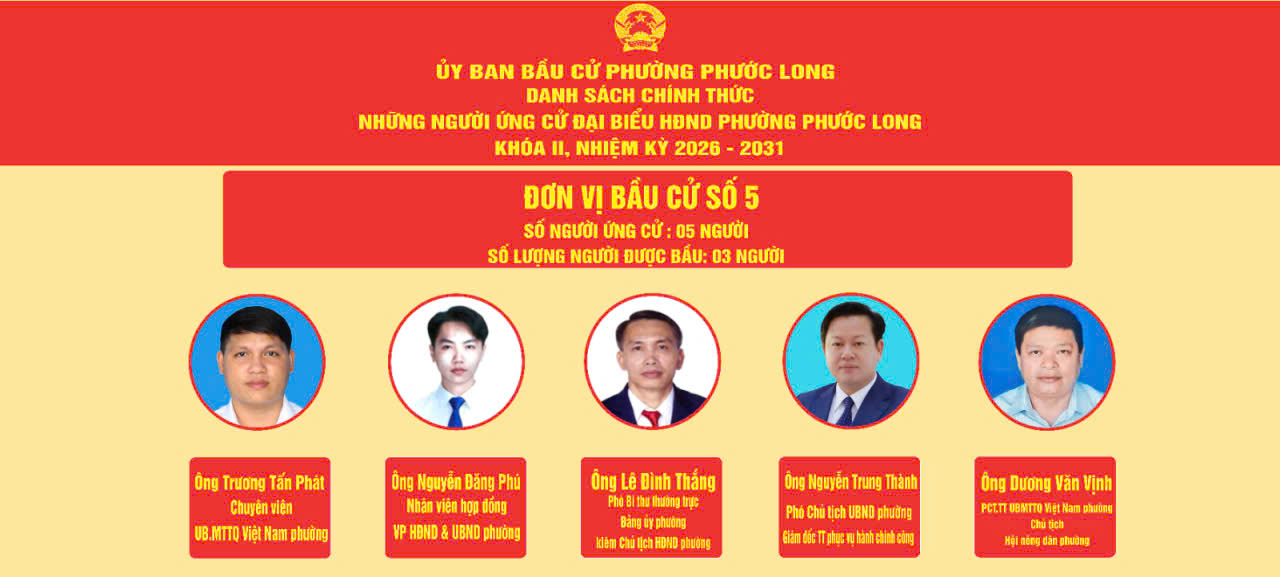 DANH SÁCH CHÍNH THỨC NHỮNG NGƯỜI ỨNG CỬ ĐẠI BIỂU HĐND PHƯỜNG PHƯỚC LONG NHIỆM KỲ 2026 – 2031 THEO TỪNG ĐƠN VỊ BẦU CỬ