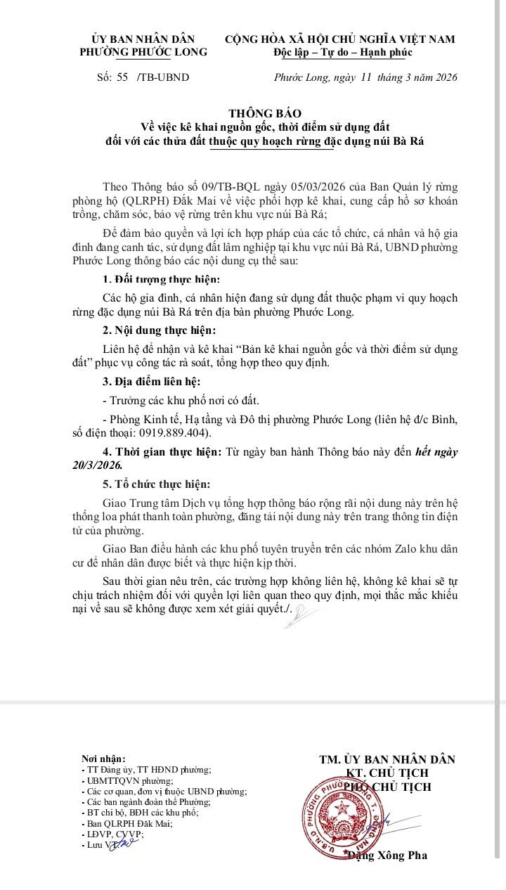 THÔNG BÁO Về việc kê khai nguồn gốc, thời điểm sử dụng đất đối với các thửa đất thuộc quy hoạch rừng đặc dụng núi Bà Rá
