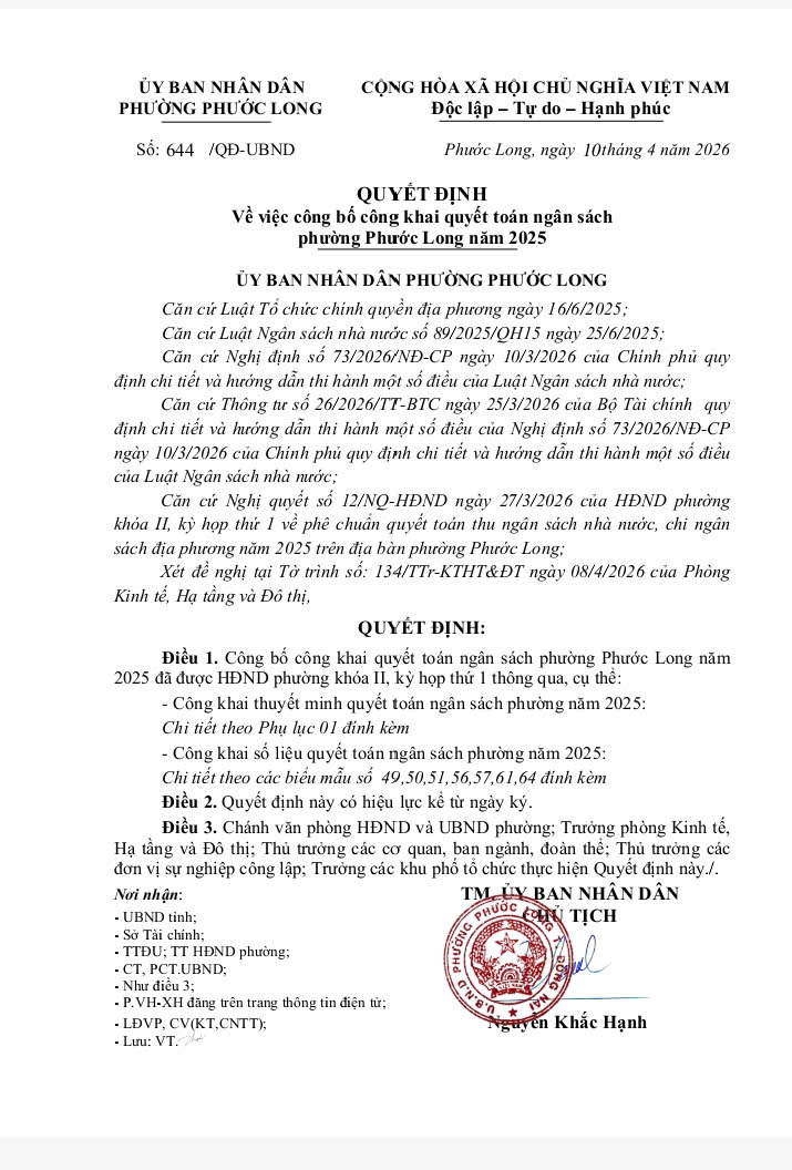QUYẾT ĐỊNH Về việc công bố công khai quyết toán ngân sách phường Phước Long năm 2025