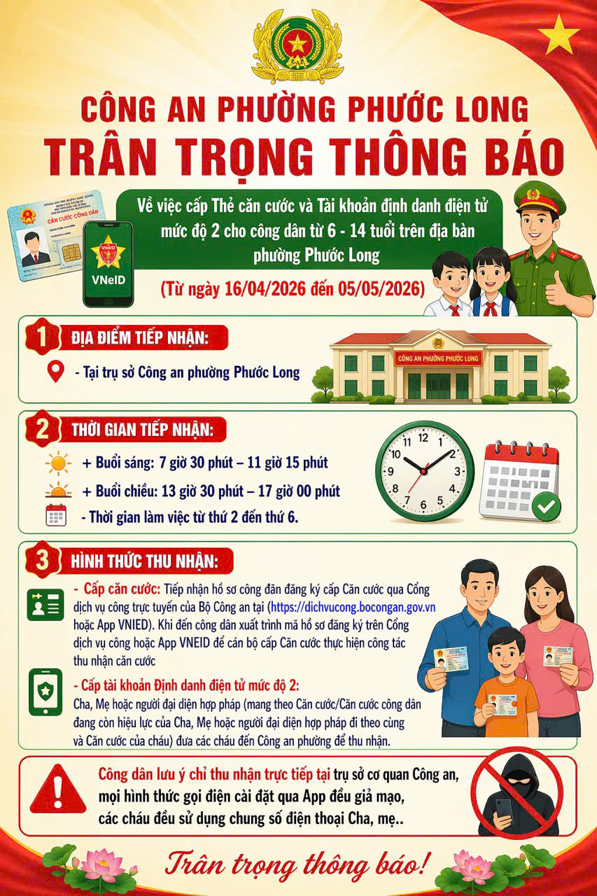 CÔNG AN PHƯỜNG PHƯỚC LONG THÔNG BÁO VỀ VIỆC CẤP THẺ CĂN CƯỚC VÀ TÀI KHOẢN ĐỊNH DANH ĐIỆN TỬ MỨC ĐỘ 2