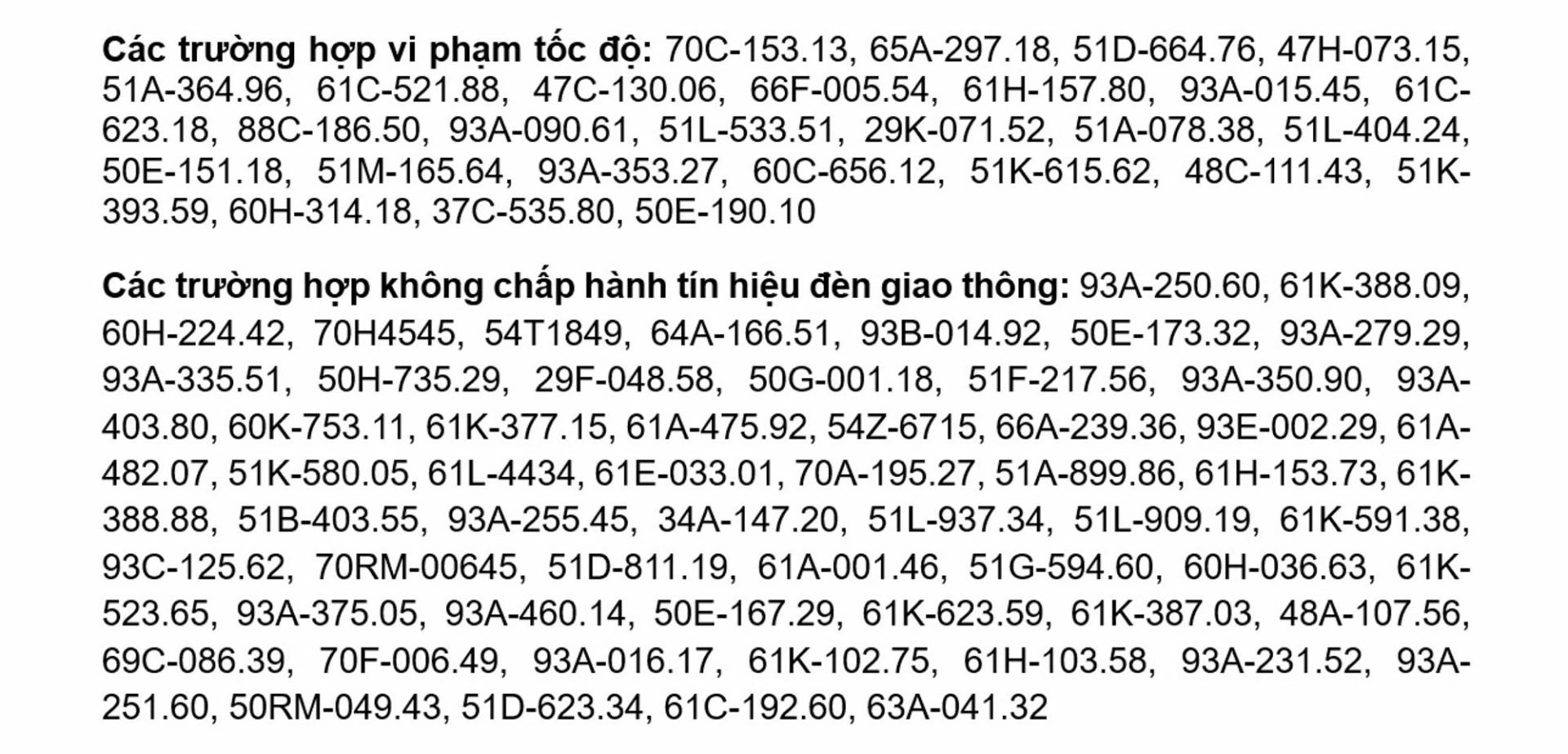 Danh sách các phương tiện vi phạm. Ảnh: Đăng Tùng