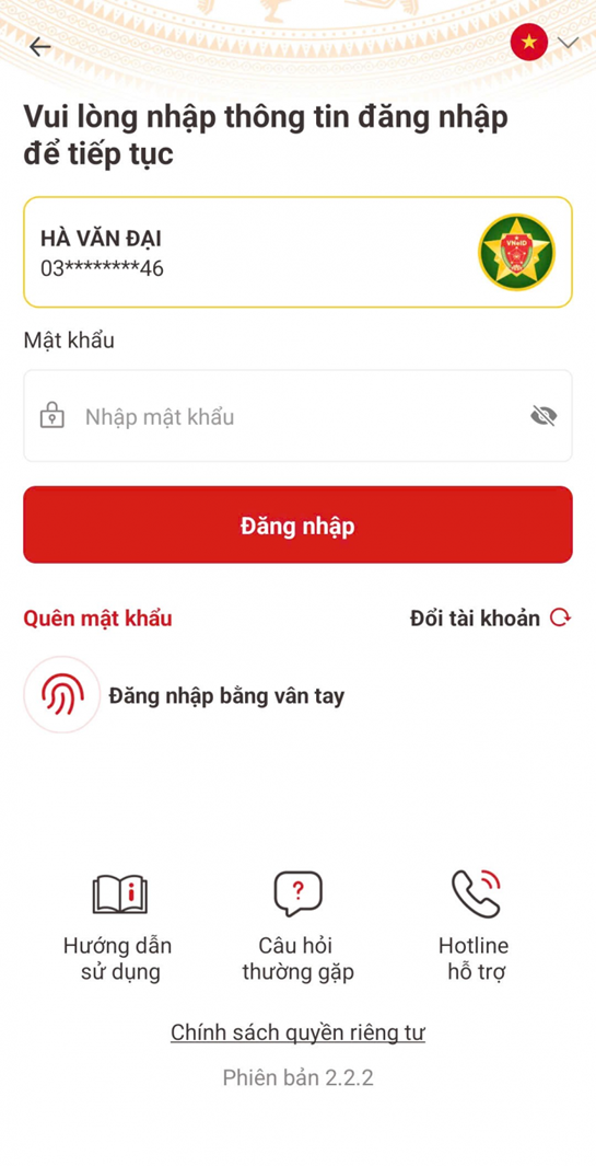 Màn hình đăng nhập VNeID