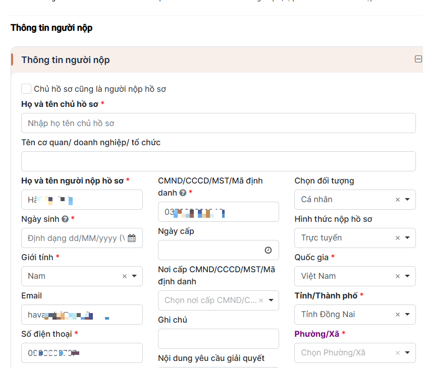 Khai báo thông tin chi tiết hồ sơ