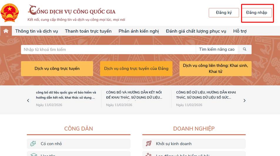 Truy cập Cổng Dịch vụ công quốc gia