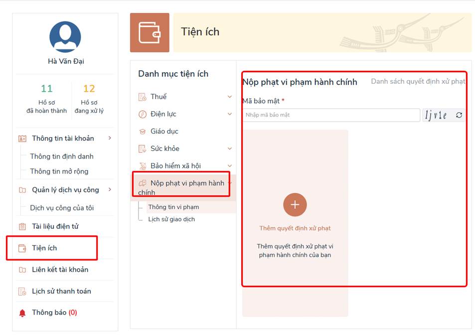 Truy cập tiện ích nộp phạt giao thông