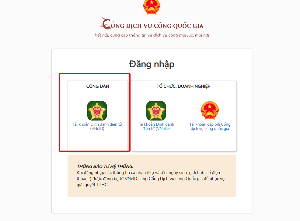 Chọn đăng nhập bằng tài khoản VNeID - Hướng dẫn đăng ký tạm trú trực tuyến