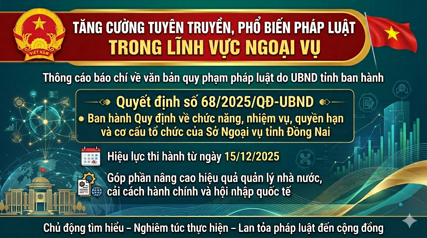 TĂNG CƯỜNG TUYÊN TRUYỀN, PHỔ BIẾN PHÁP LUẬT TRONG LĨNH VỰC NGOẠI VỤ: NHỮNG NỘI DUNG CẦN BIẾT TỪ QUYẾT ĐỊNH SỐ 68/2025/QĐ-UBND CỦA UBND TỈNH ĐỒNG NAI