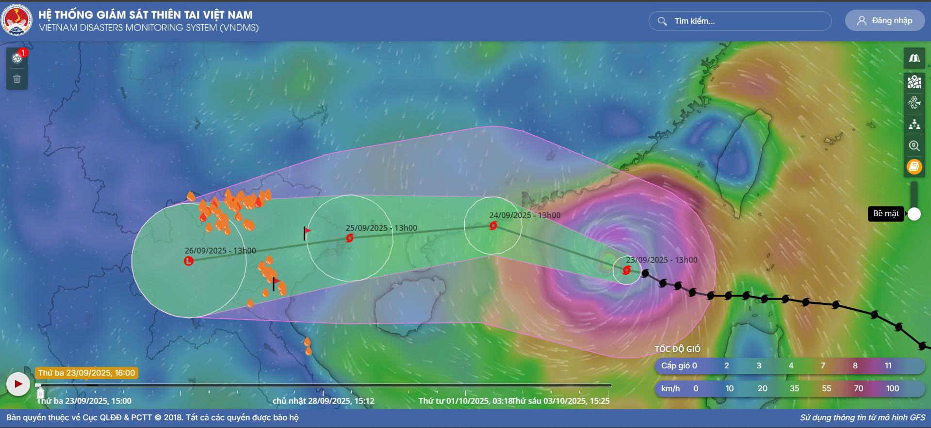 Dự kiến hướng đi của bão Bão số 9 / Ragasa (Ảnh chụp từ hệ thống giám sát thiên tai Việt Nam)