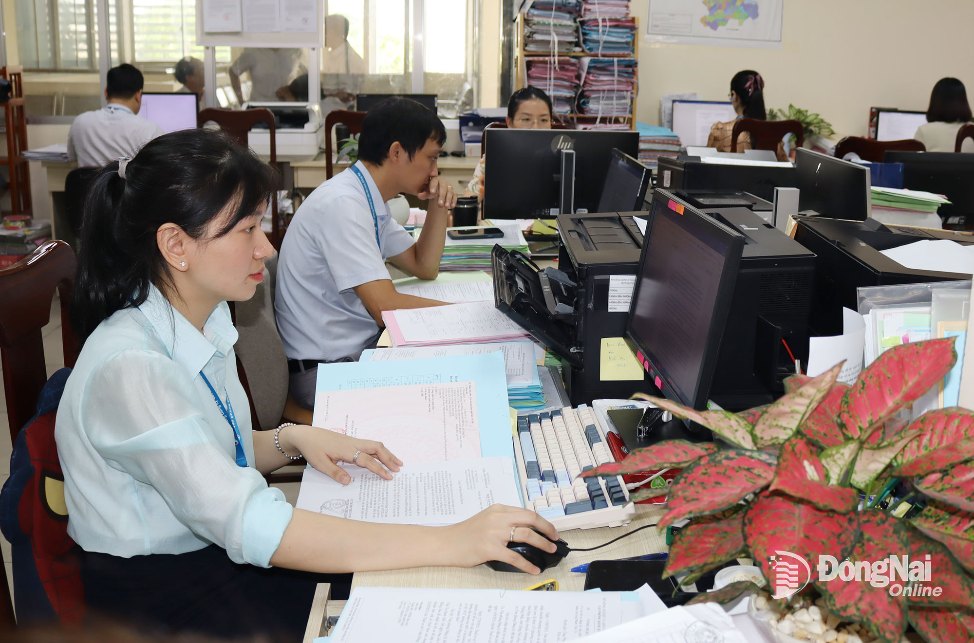 Cán bộ Văn phòng Đăng ký đất đai tỉnh làm thủ tục liên quan đến điều chỉnh thông tin đất đai.