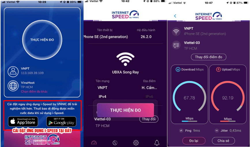 (Giao diện website của i-Speed trên điện thoại, giao diện ứng dụng i-Speed trên điện thoại và giao diện kết quả sau khi đo tốc độ Internet bằng ứng dụng)