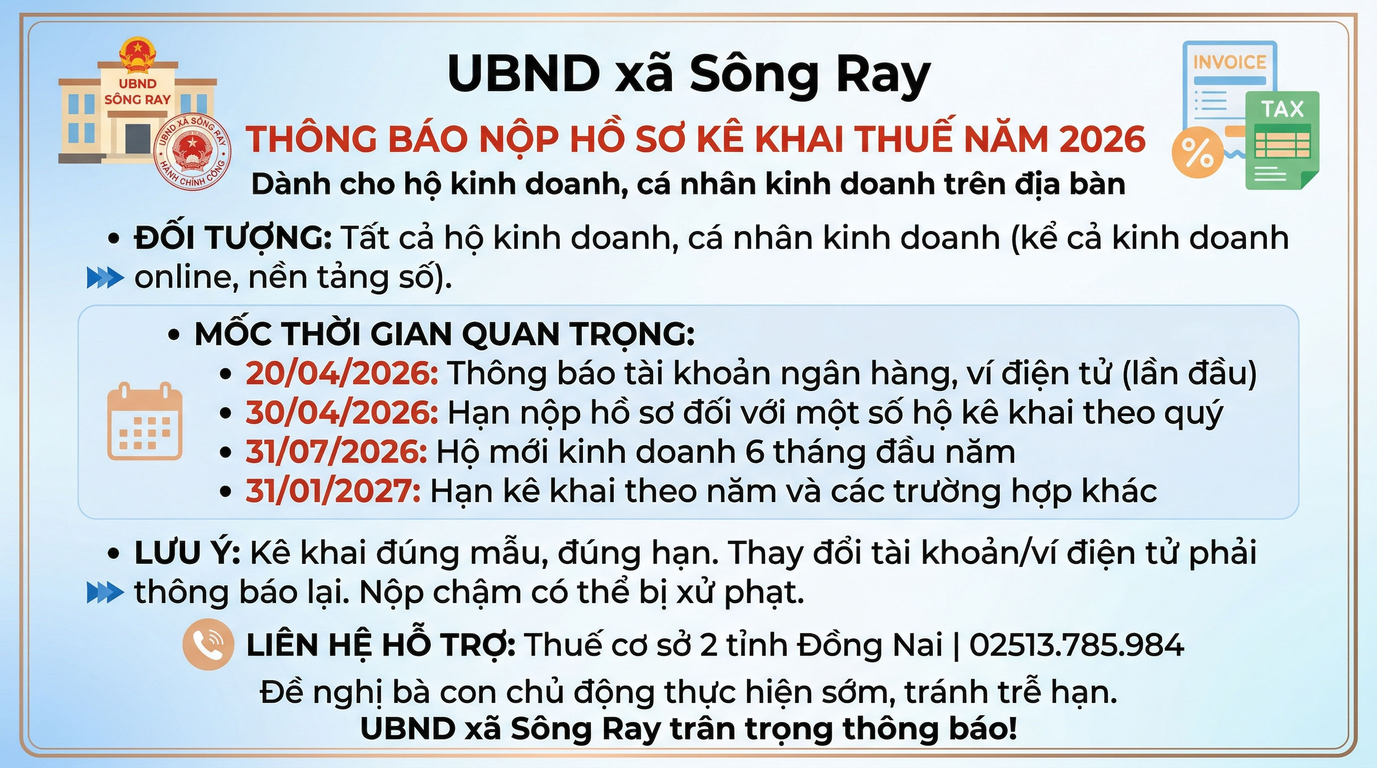 Về việc nộp hồ sơ thông báo doanh thu, kê khai thuế năm 2026 đối với hộ kinh doanh, cá nhân kinh doanh