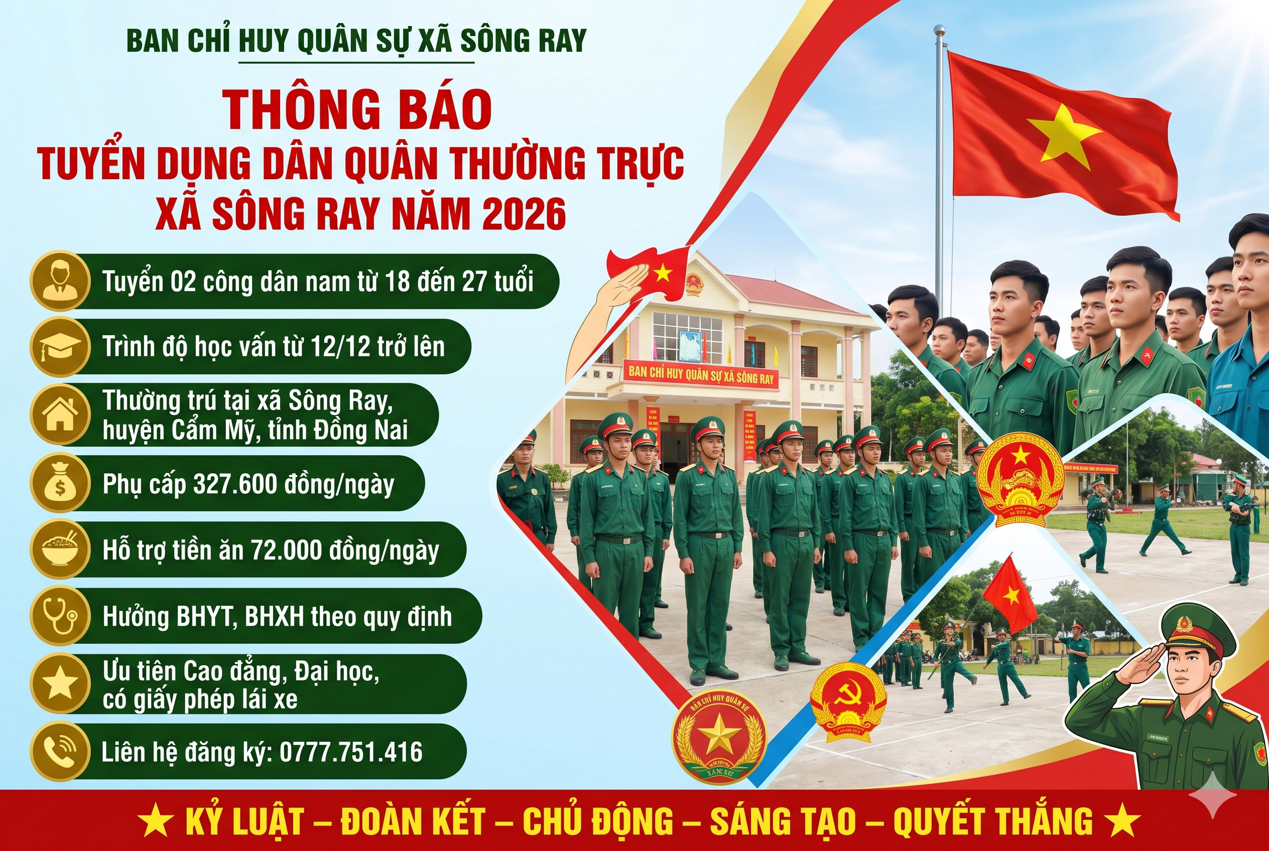 [THÔNG BÁO] TUYỂN DỤNG DÂN QUÂN THƯỜNG TRỰC XÃ SÔNG RAY NĂM 2026