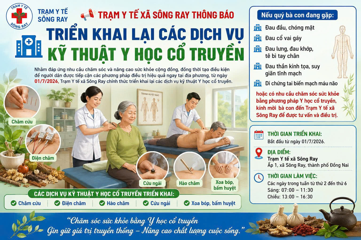 Trạm Y tế xã Sông Ray chính thức triển khai lại các dịch vụ kỹ thuật Y học cổ truyền từ ngày 01/7/2026