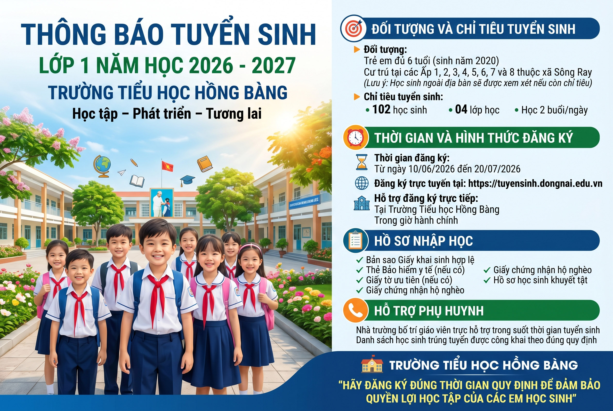 [THÔNG BÁO] TRƯỜNG TIỂU HỌC HỒNG BÀNG TUYỂN SINH LỚP 1 NĂM HỌC 2026 - 2027