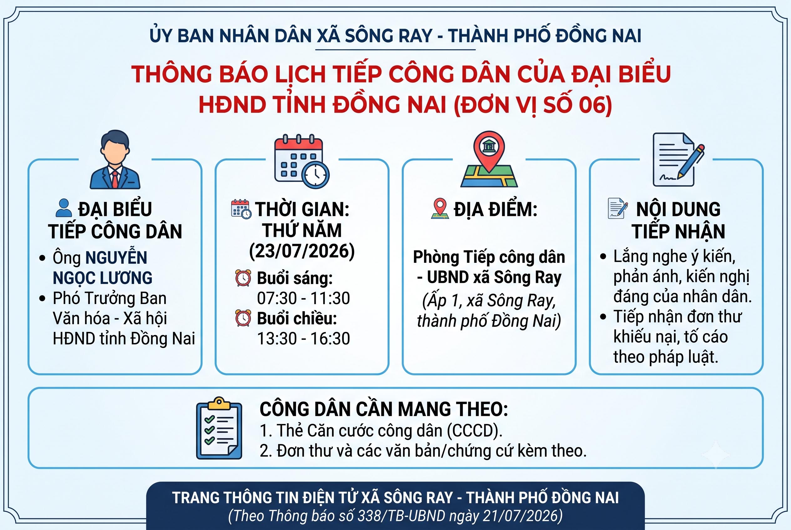 THÔNG BÁO VỀ LỊCH TIẾP CÔNG DÂN CỦA ĐẠI BIỂU HỘI ĐỒNG NHÂN DÂN TỈNH ĐỒNG NAI ĐƠN VỊ SỐ 06 TẠI UBND XÃ SÔNG RAY