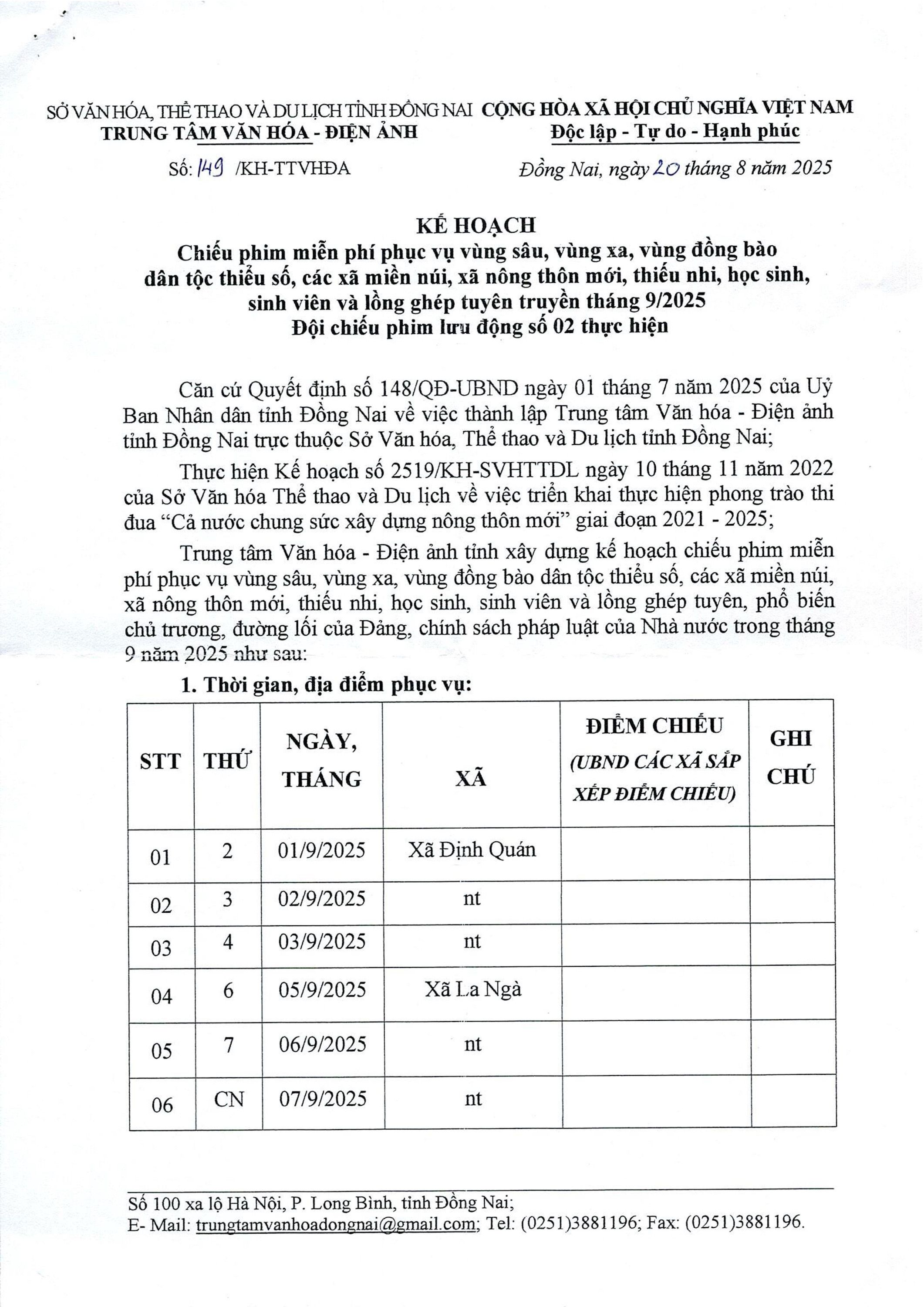 Kế hoạch chiếu phim miễn phí 0001 0001