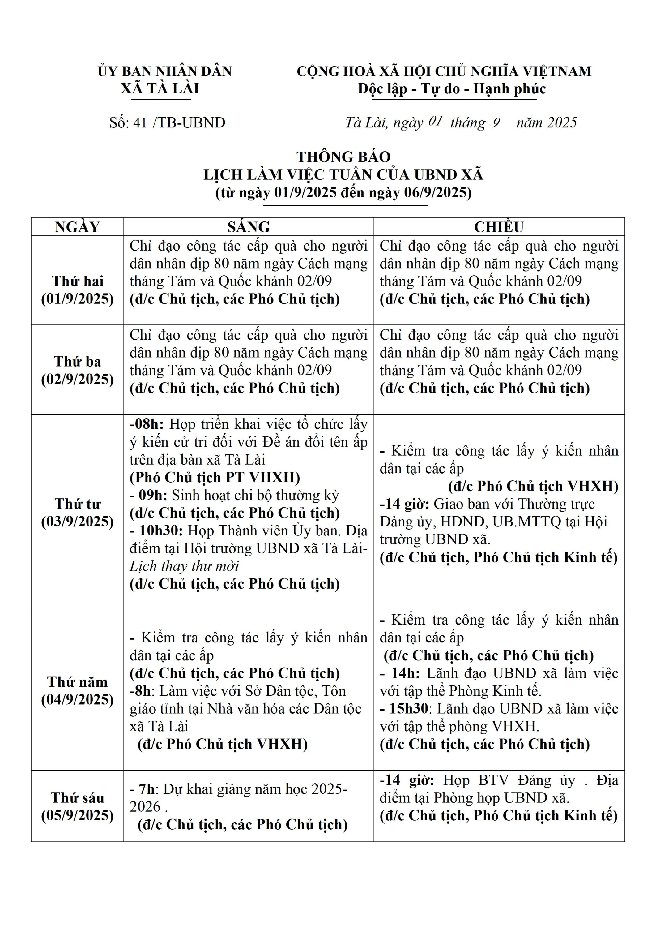 THÔNG BÁO LỊCH LÀM VIỆC TUẦN 0001