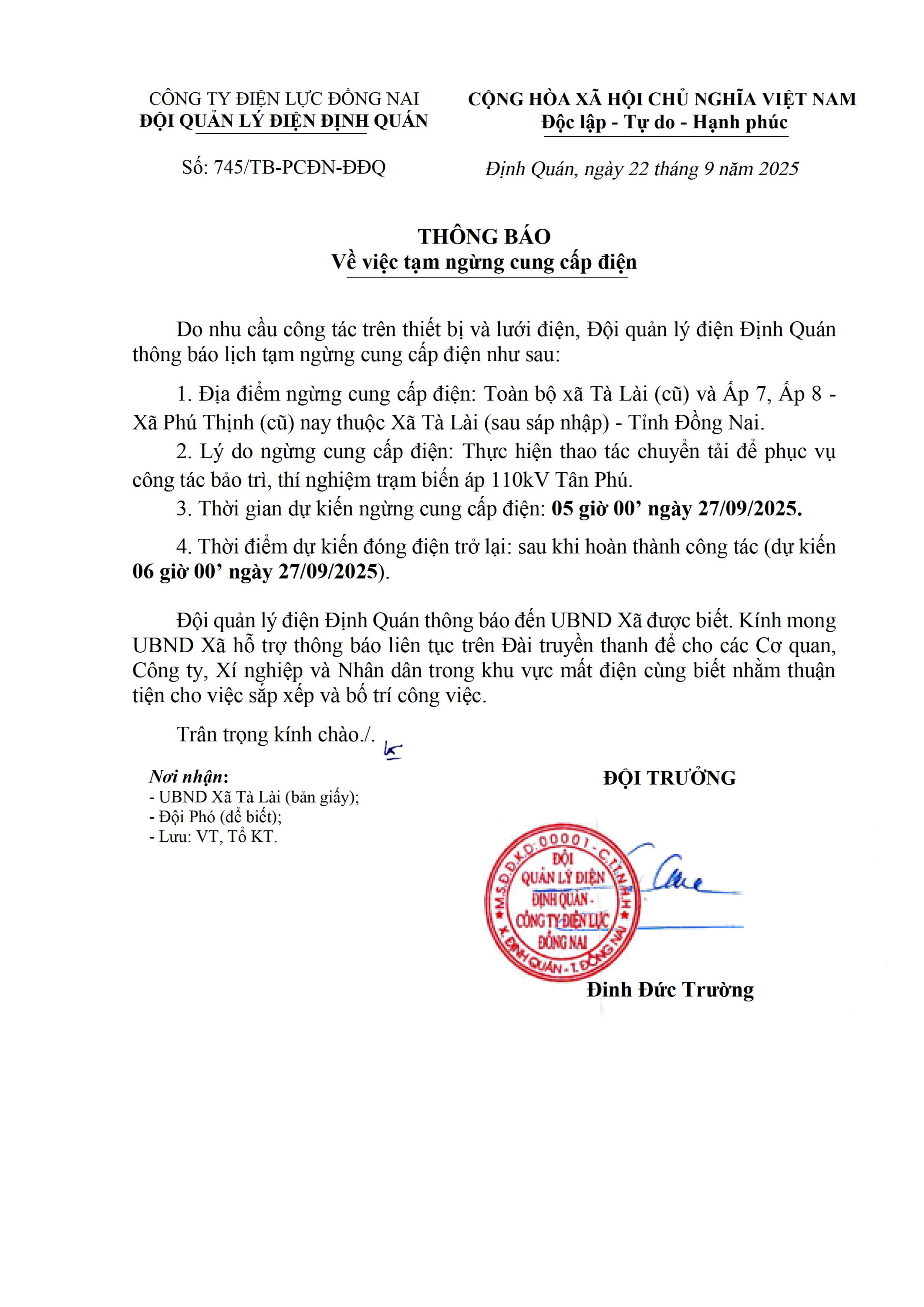 Thông báo mất điện xã Tà Lài 27 09 2025