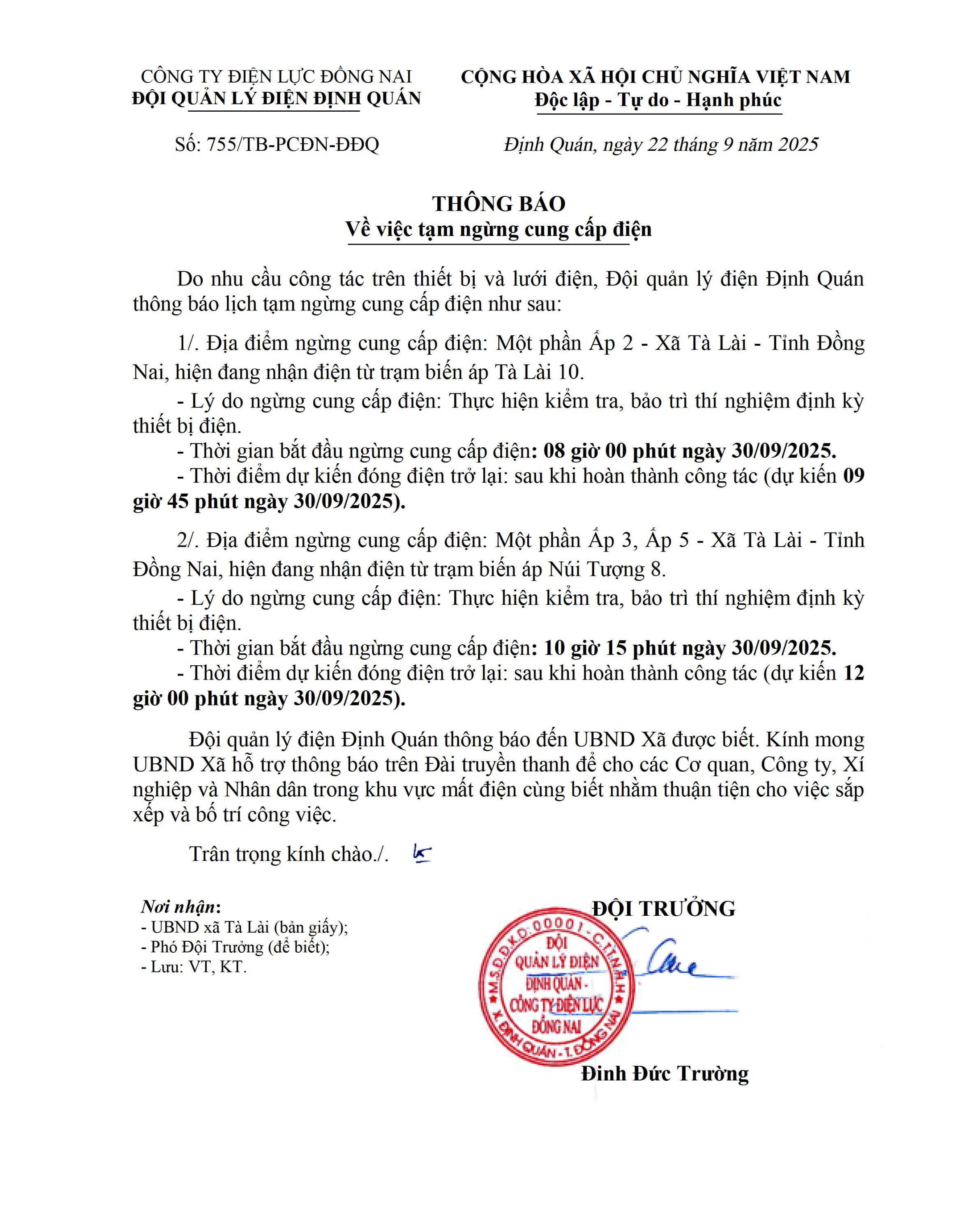 Thông báo mất điện Xã Tà Lài 30 9 2025