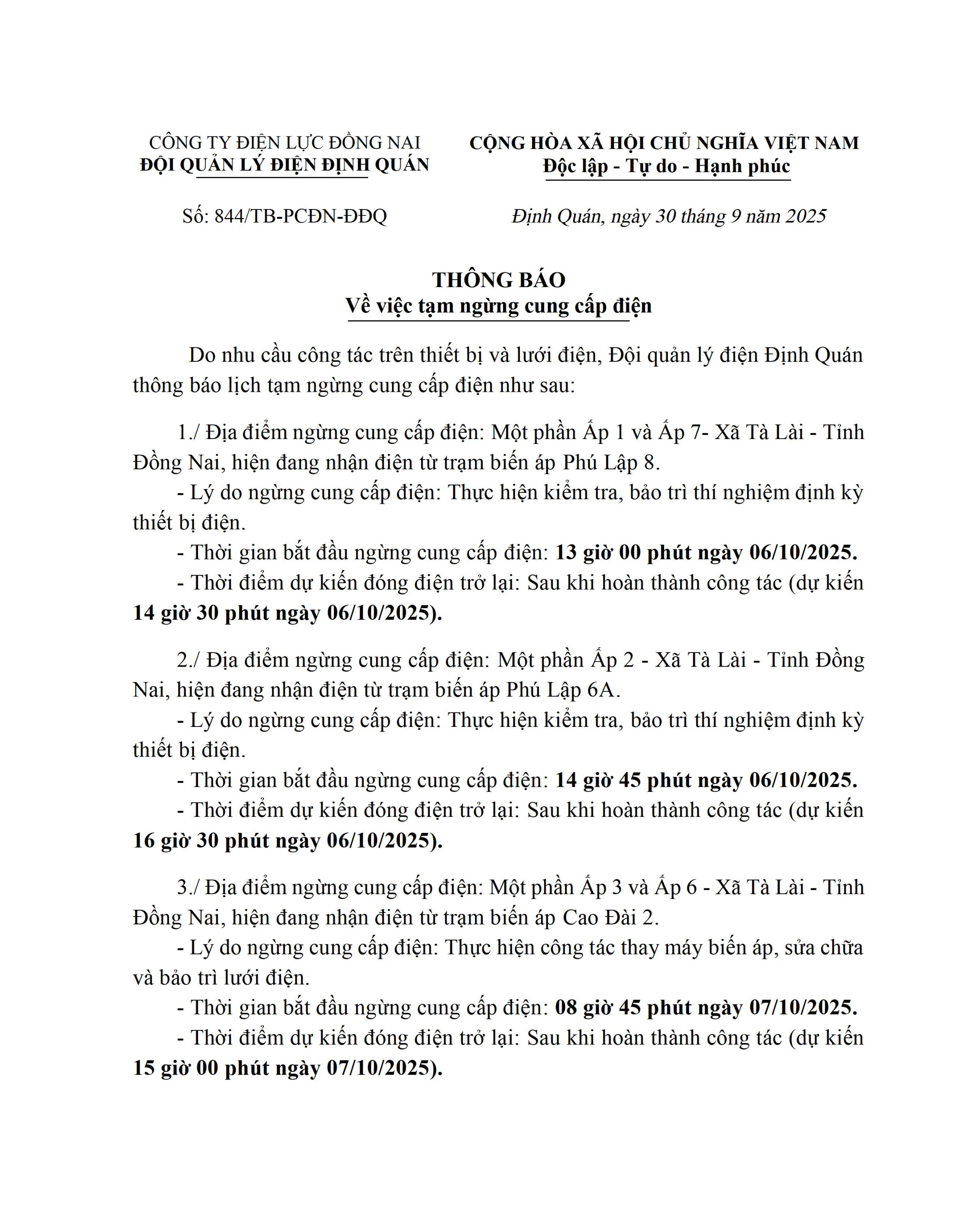 02 Thông báo mất điện gửi UBND Xã Tà Lài 0001