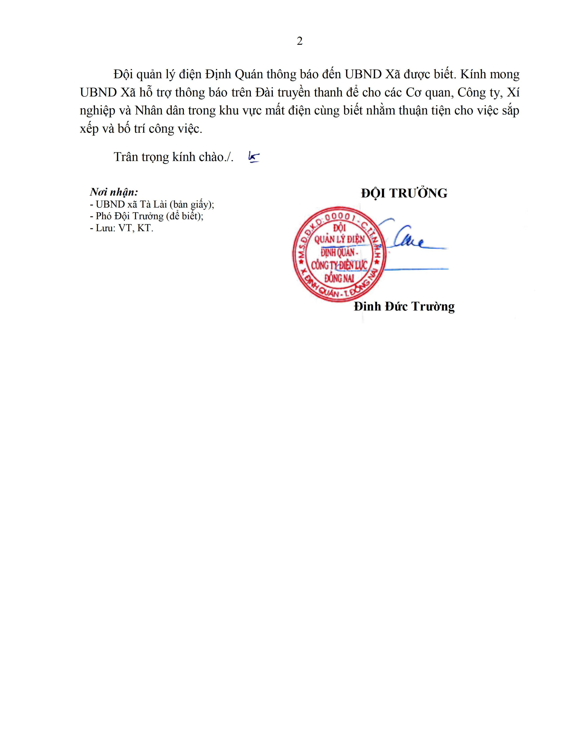 02 Thông báo mất điện gửi UBND Xã Tà Lài 0002