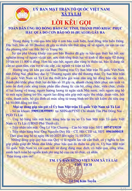 Lời kêu gọi của UB.MTTQ Việt Nam xã Tà Lài: Ủng hộ đồng bào do ảnh hưởng cơn bão số 10 gây ra