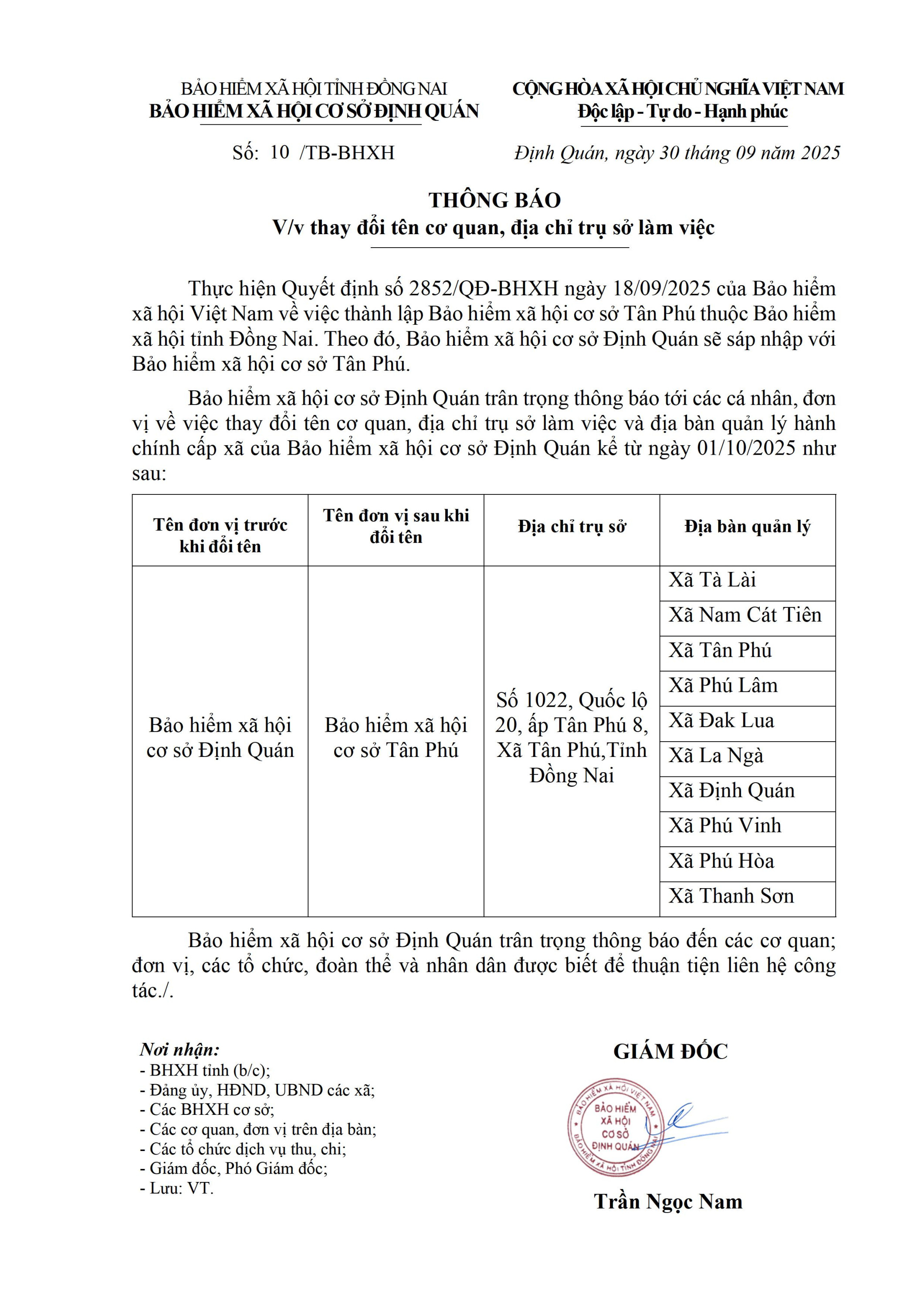 Thông báo thay đổi tên cơ quan, địa chỉ trụ sở làm việc