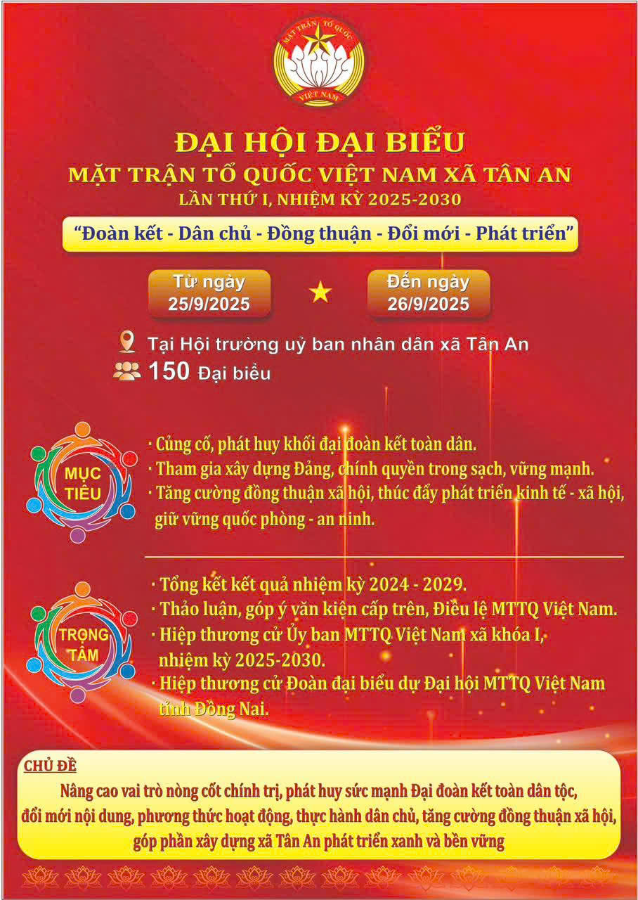 Chào mừng Đại hội đại biểu MTTQVN xã Tân An lần thứ I, nhiệm kỳ 2025-2030